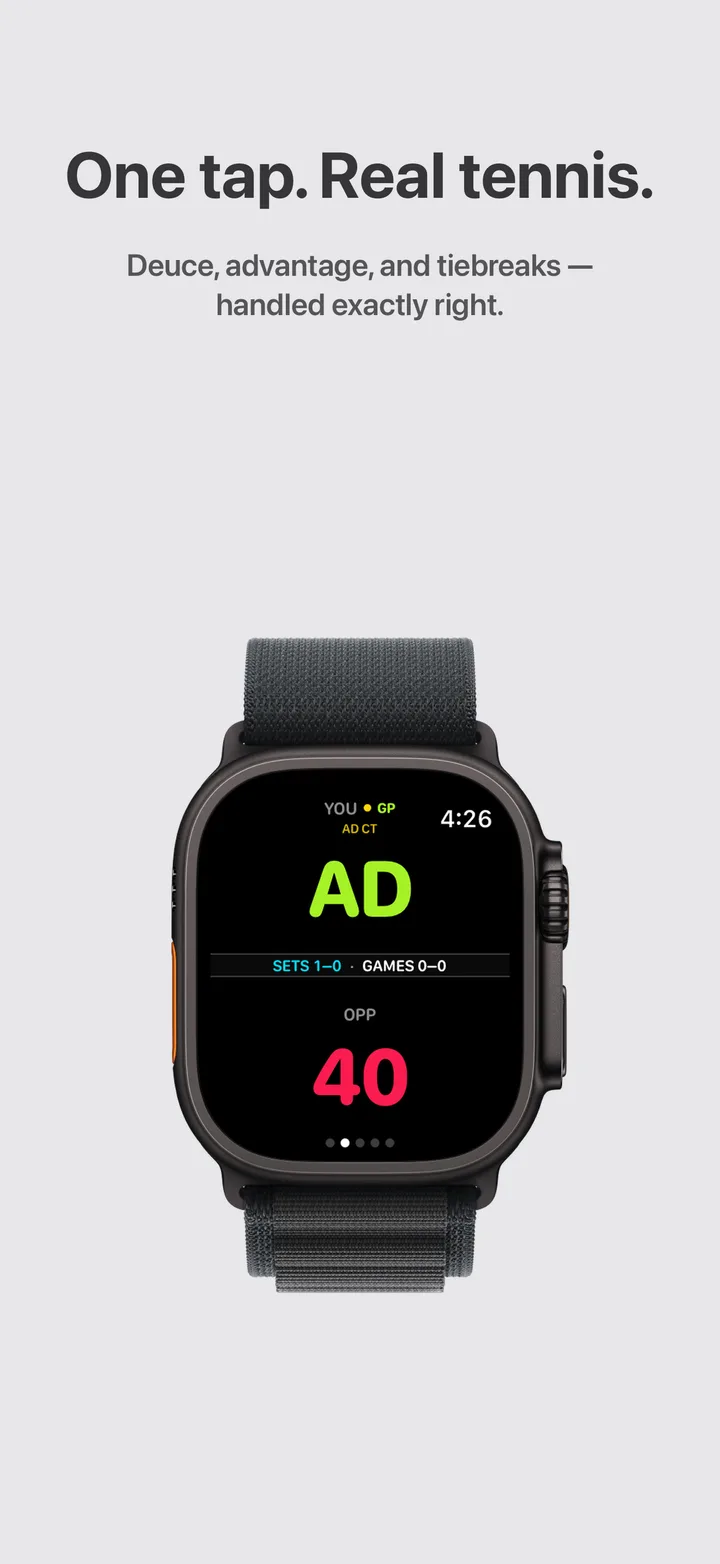 Apple Watch scoring a tennis point at advantage — “One tap. Real tennis.”