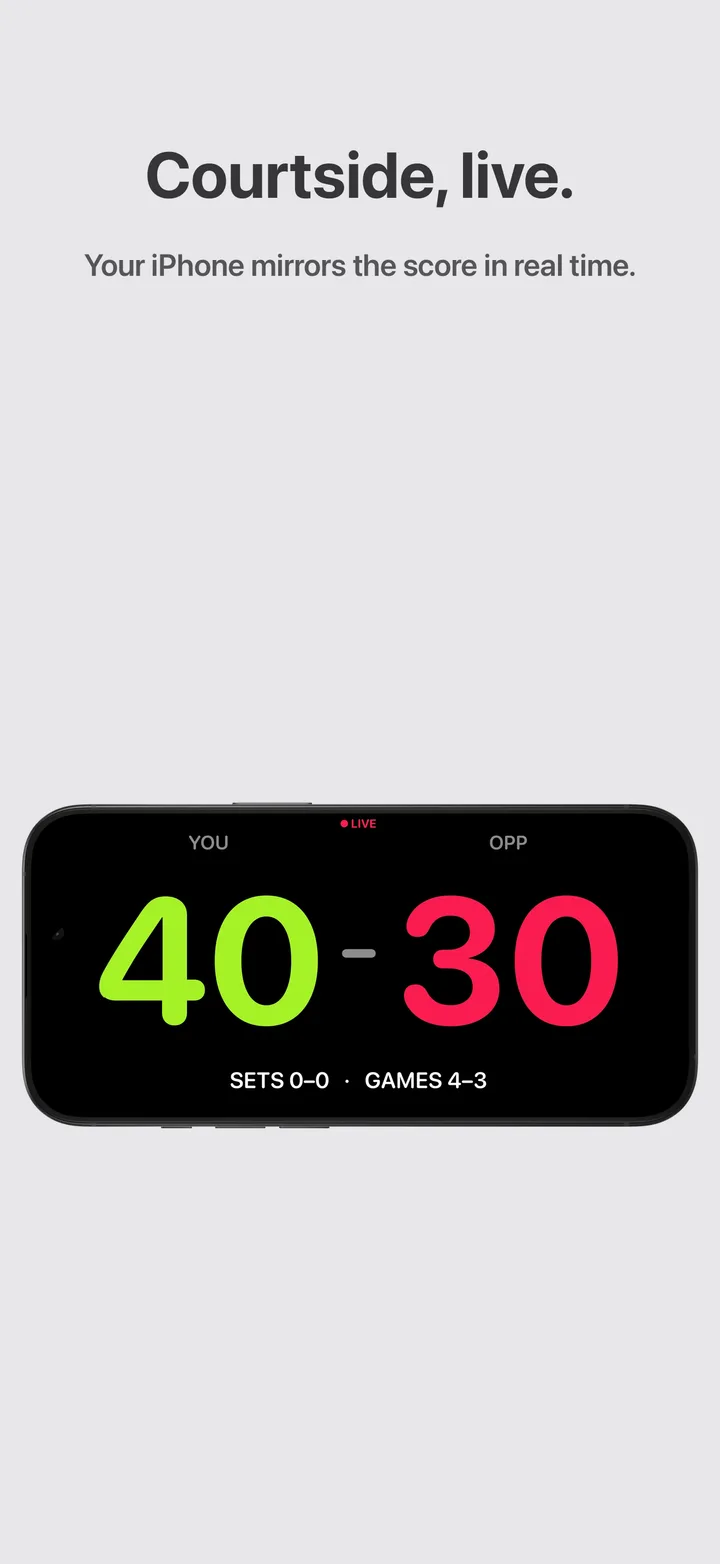 iPhone in landscape mirroring a 40–30 live score — “Courtside, live.”