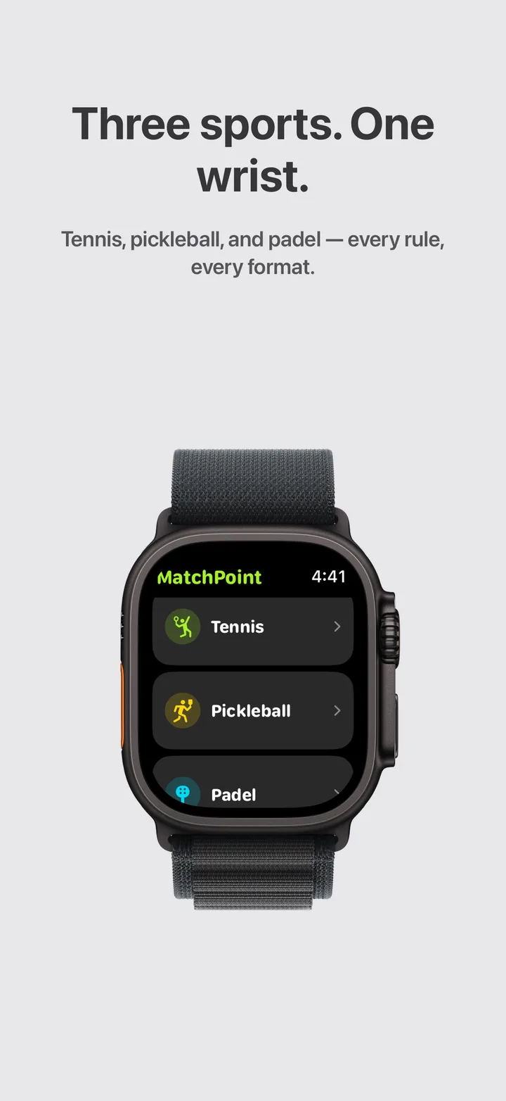 Apple Watch sport picker with tennis, pickleball and padel — “Three sports. One wrist.”
