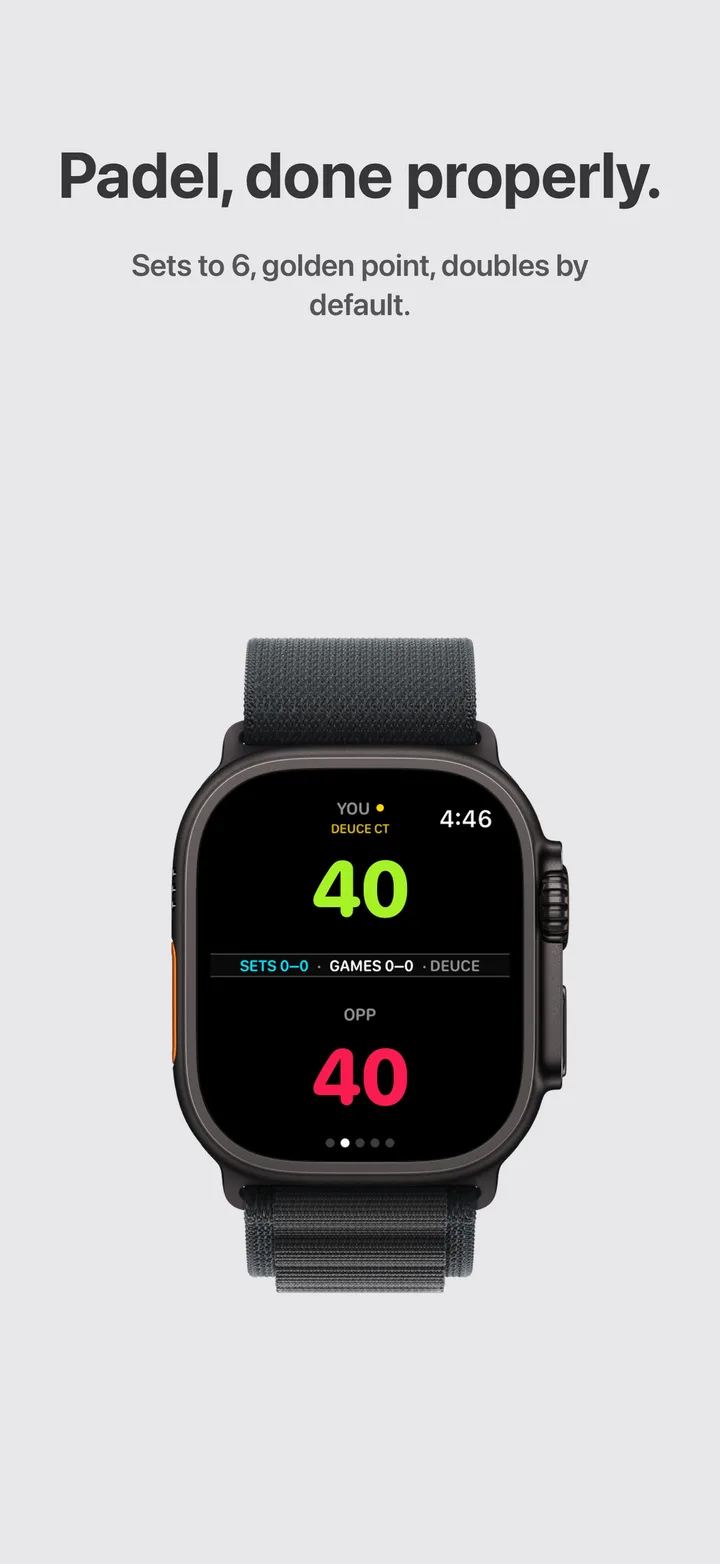 Apple Watch scoring padel at deuce with golden point — “Padel, done properly.”