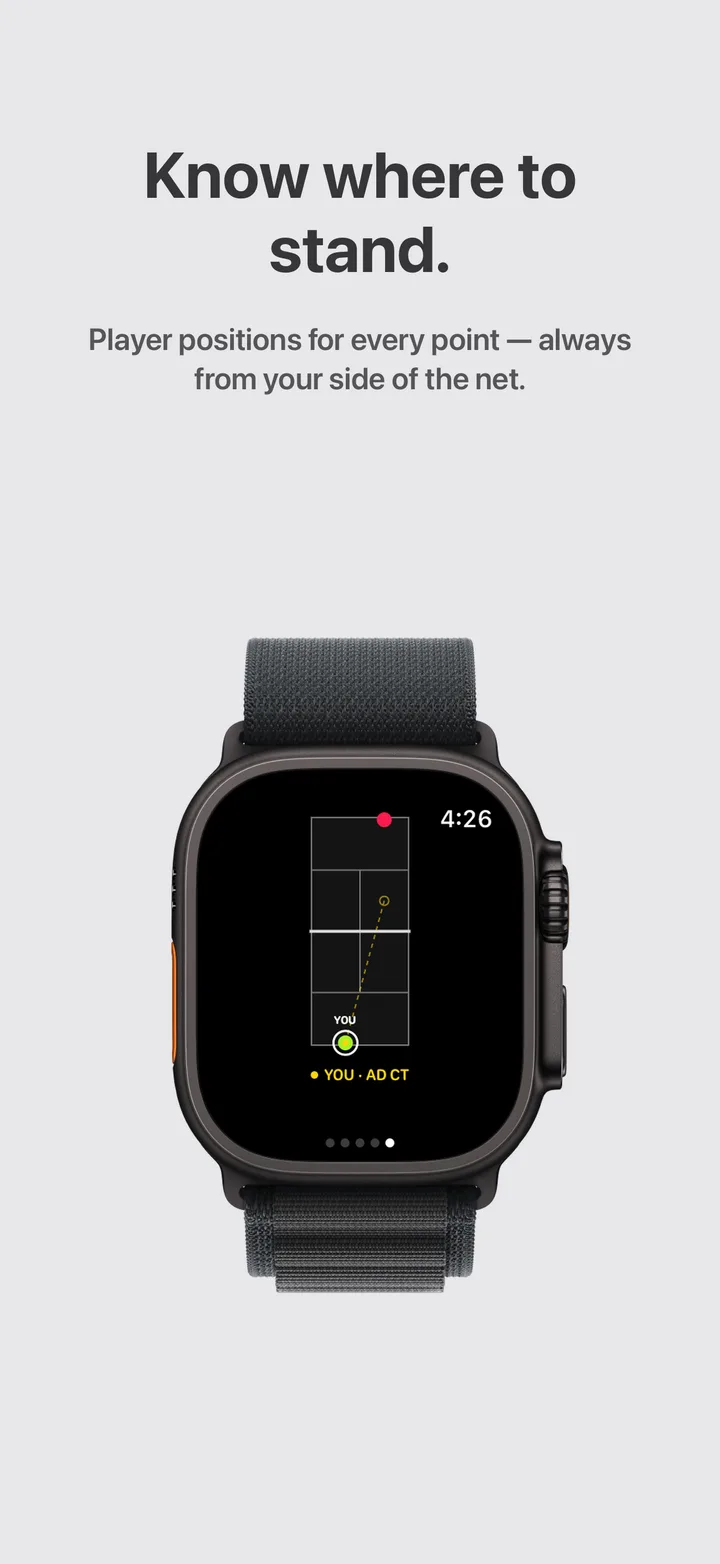 Apple Watch court view showing player positions — “Know where to stand.”