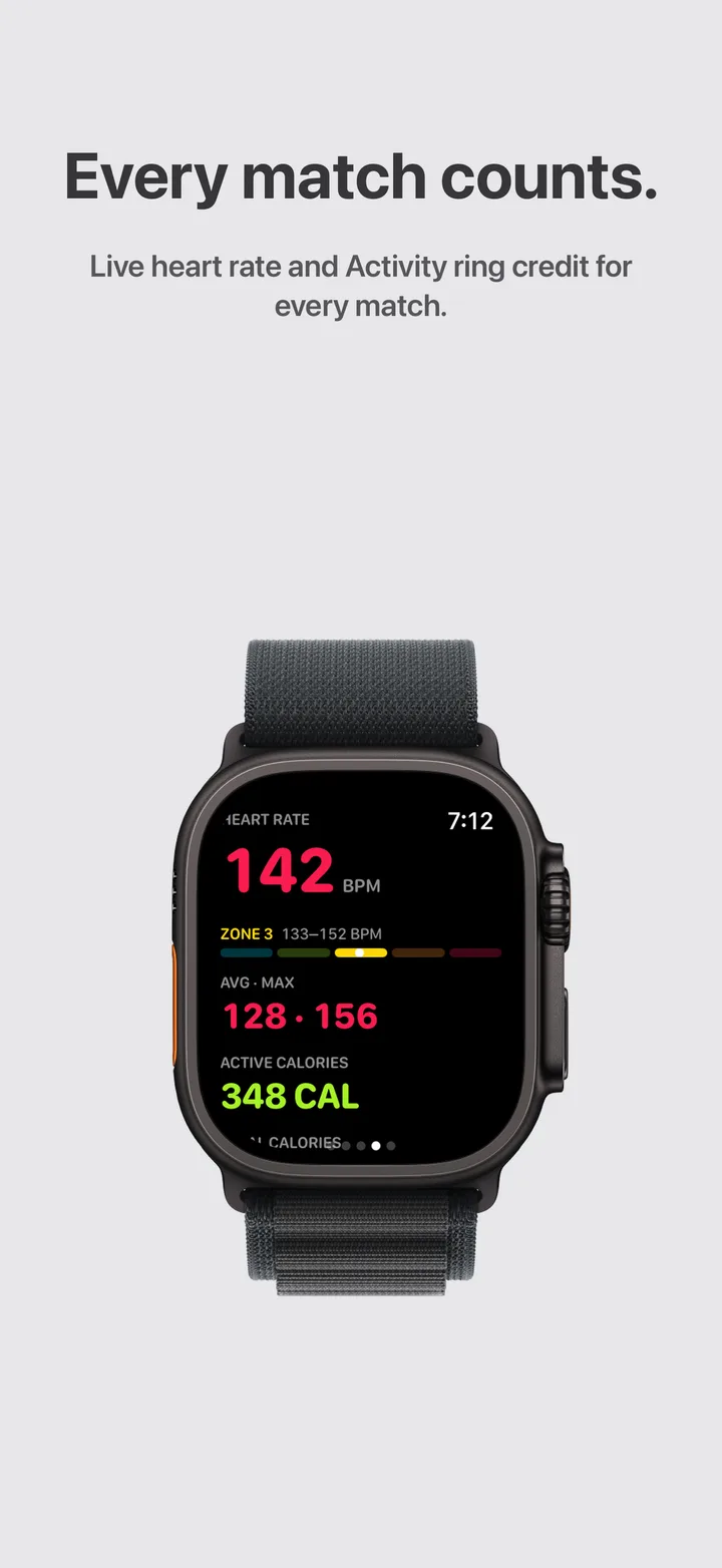 Apple Watch showing live heart rate, zones and calories — “Every match counts.”