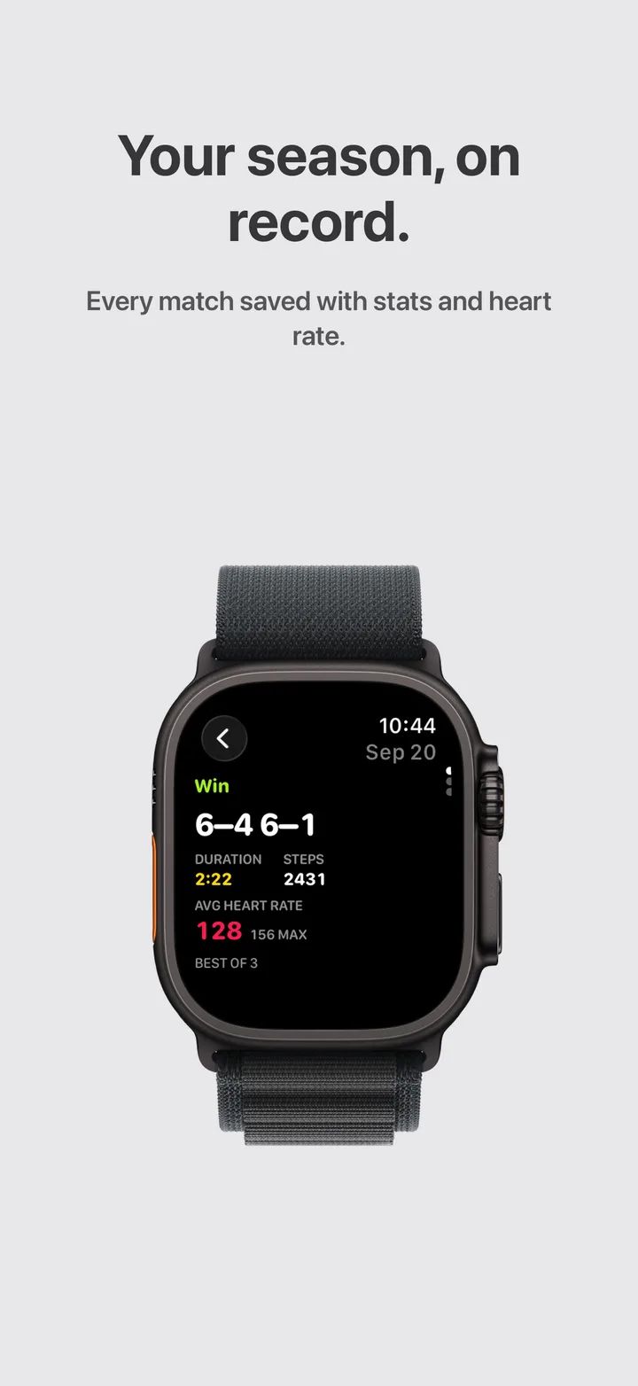 Apple Watch match record with score, duration and heart rate — “Your season, on record.”