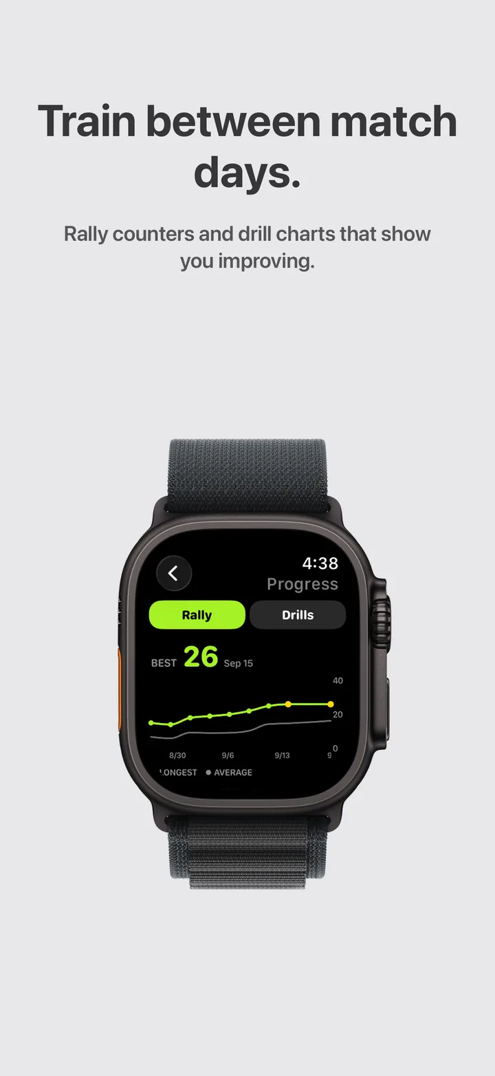 Apple Watch practice progress chart for rally sessions — “Train between match days.”