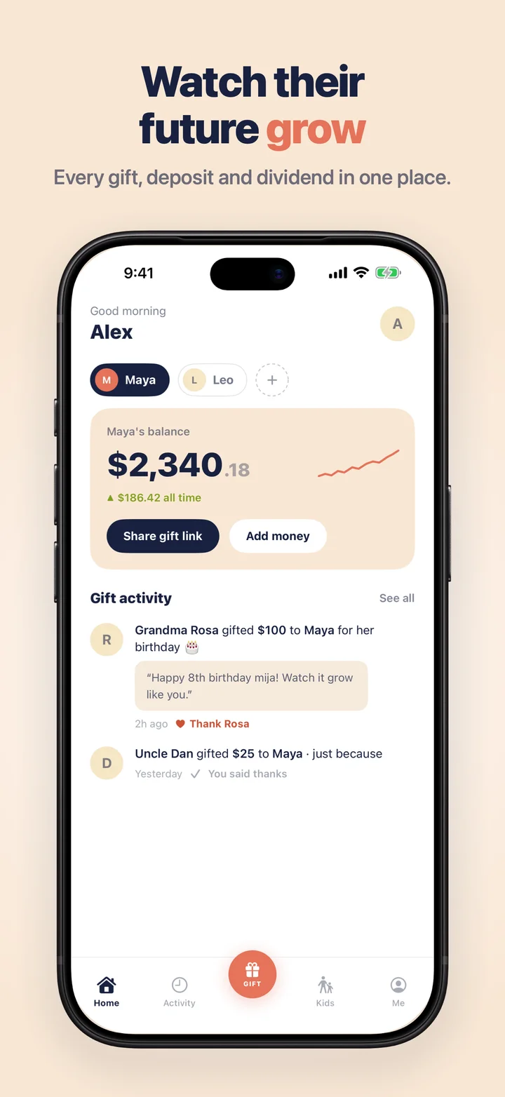 Home dashboard with a child's balance, growth chart and gift activity from family — “Watch their future grow.”