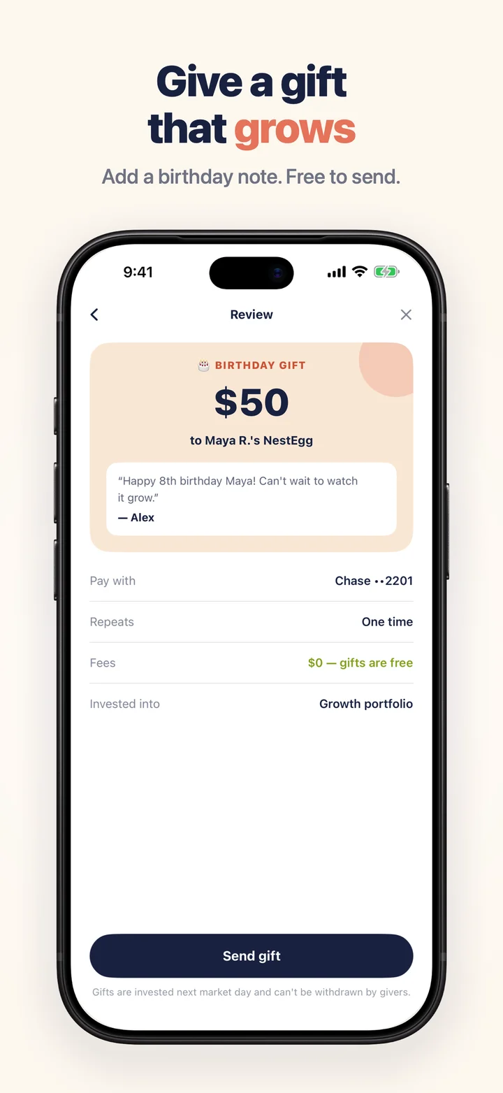 Review screen for a $50 birthday gift with a personal note — “Give a gift that grows.”