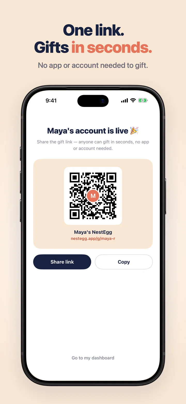 A child's shareable gift link and QR code — “One link. Gifts in seconds.”