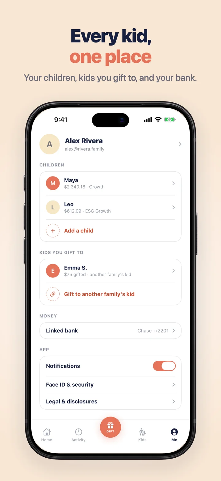 Profile screen listing your children, kids you gift to and your linked bank — “Every kid, one place.”