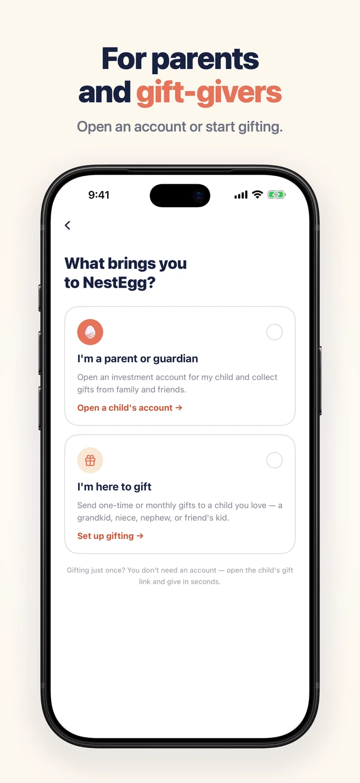 Onboarding screen asking whether you're a parent or guardian, or here to gift — “For parents and gift-givers.”