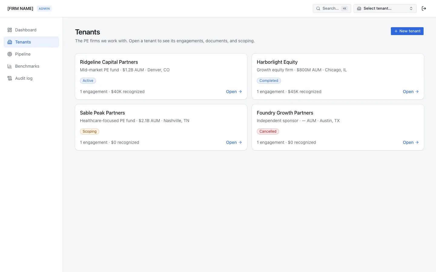 Tenants — the PE firms using the platform, with engagement status and revenue