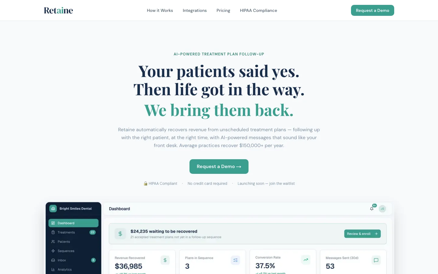 Retaine homepage with a dashboard preview showing $24,235 waiting to be recovered